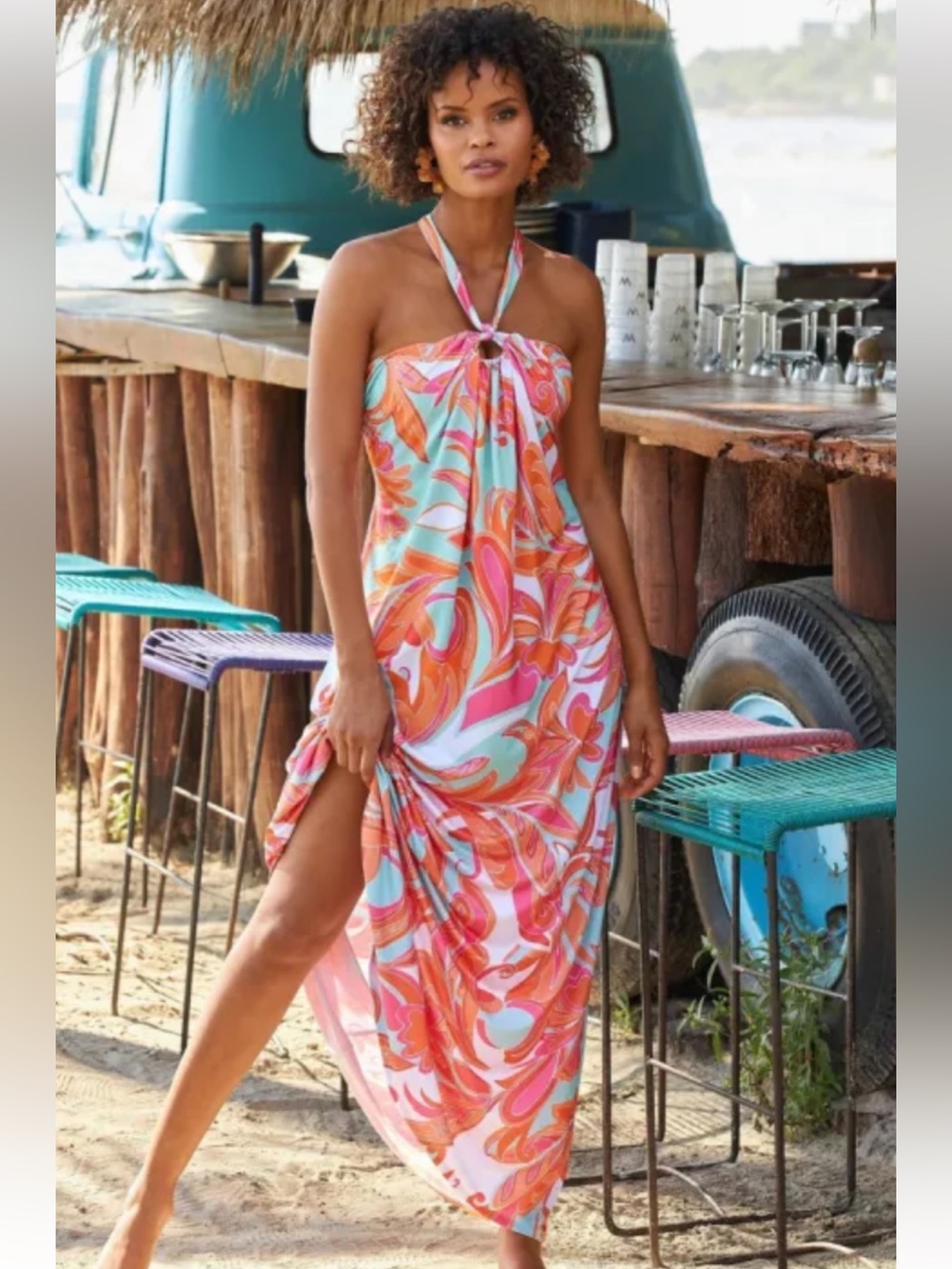 👗Boston Proper Halter Sundress in Coral & Mint Floral Print